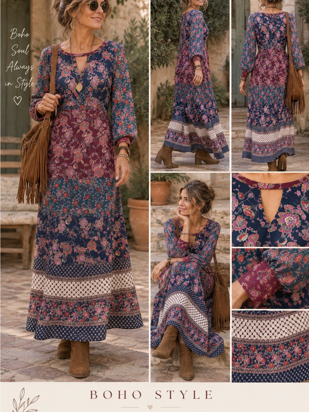 Cabi Women Size L Boho Floral Maxi Dress Long Sleeve Patchwork Folk NWT
